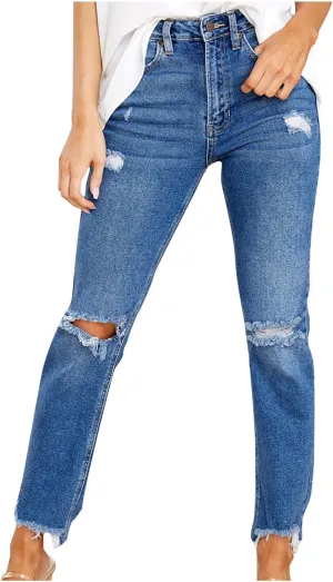 Stretch Jeans for Women Casual Drawstring High Waisted Jeans Straight Leg Pants Trendy Skinny Ripped Jeans