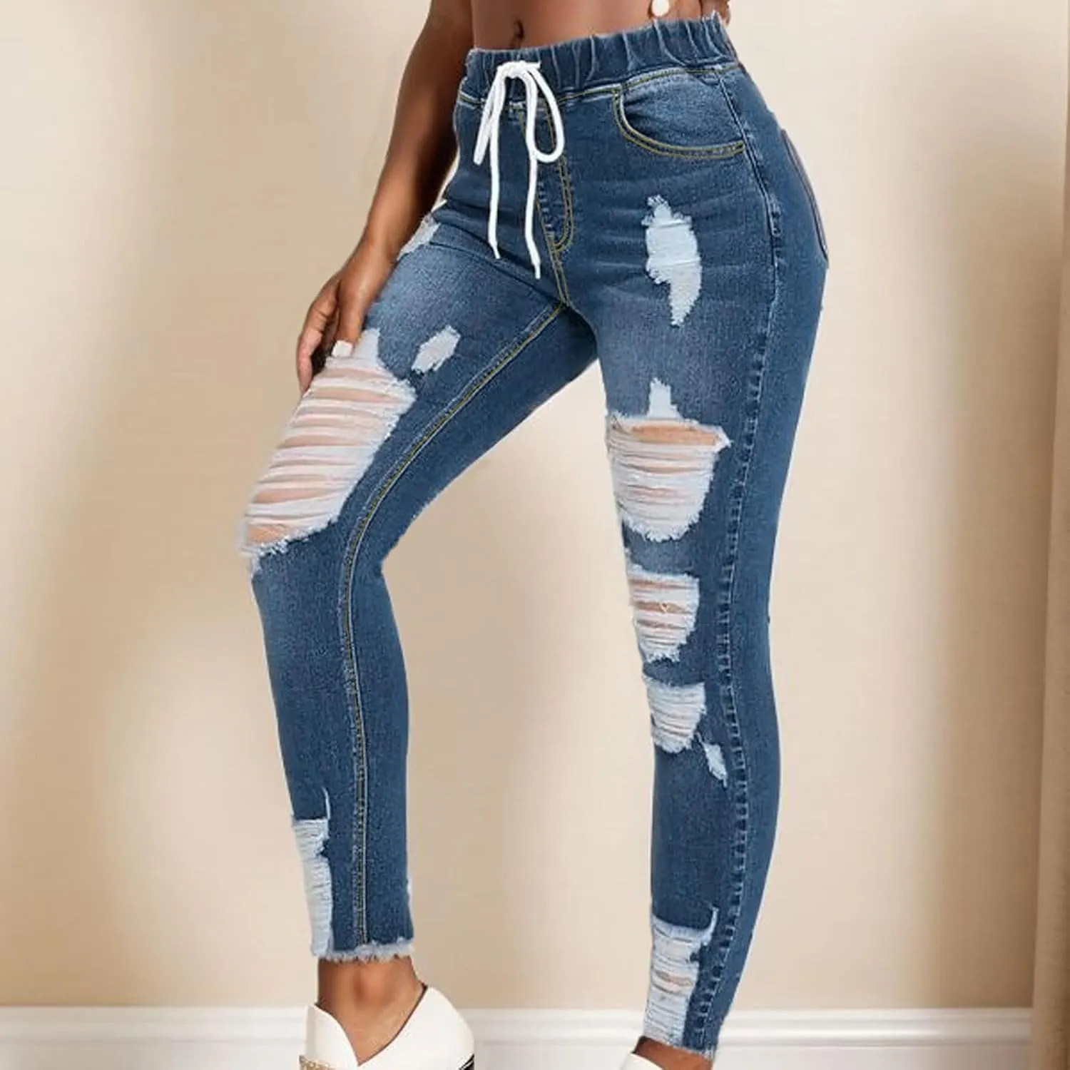 Stretch Jeans for Women Casual Drawstring High Waisted Jeans Straight Leg Pants Trendy Skinny Ripped Jeans