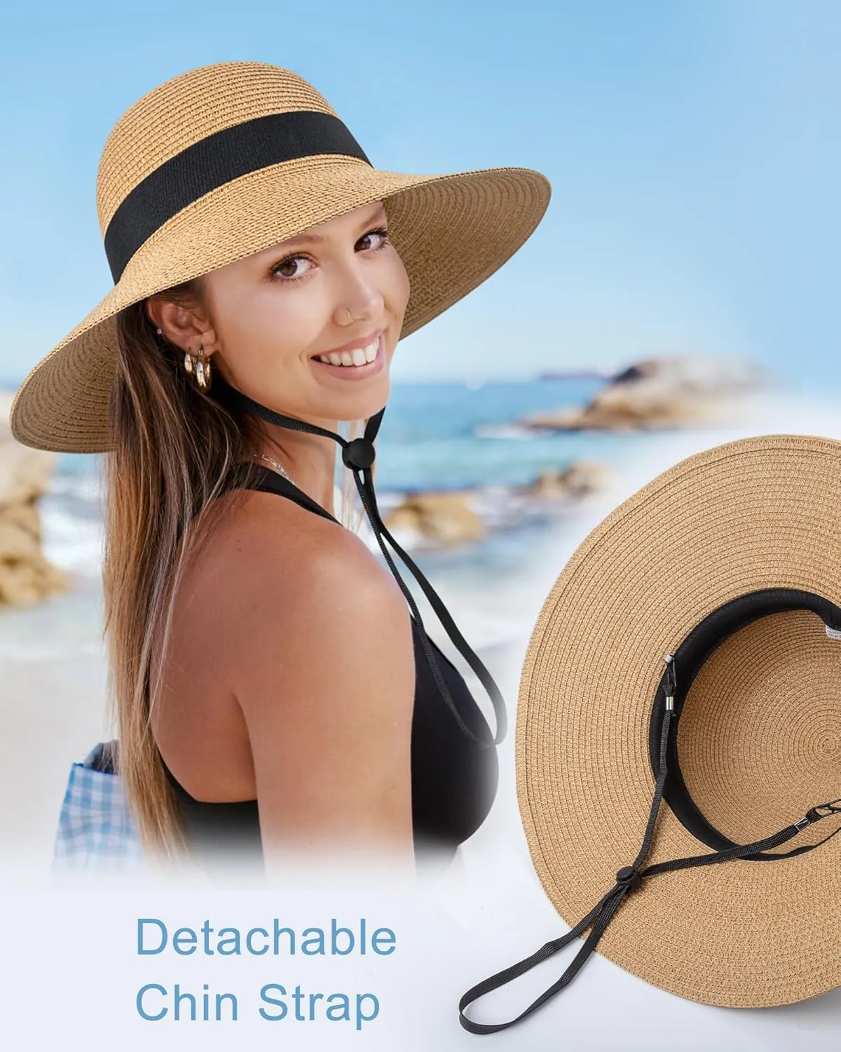 Sun Hats for Women - Oversize Large Straw Beach Hat for Summer Floppy Wide Brim Packable Foldable Roll Up UPF 50 