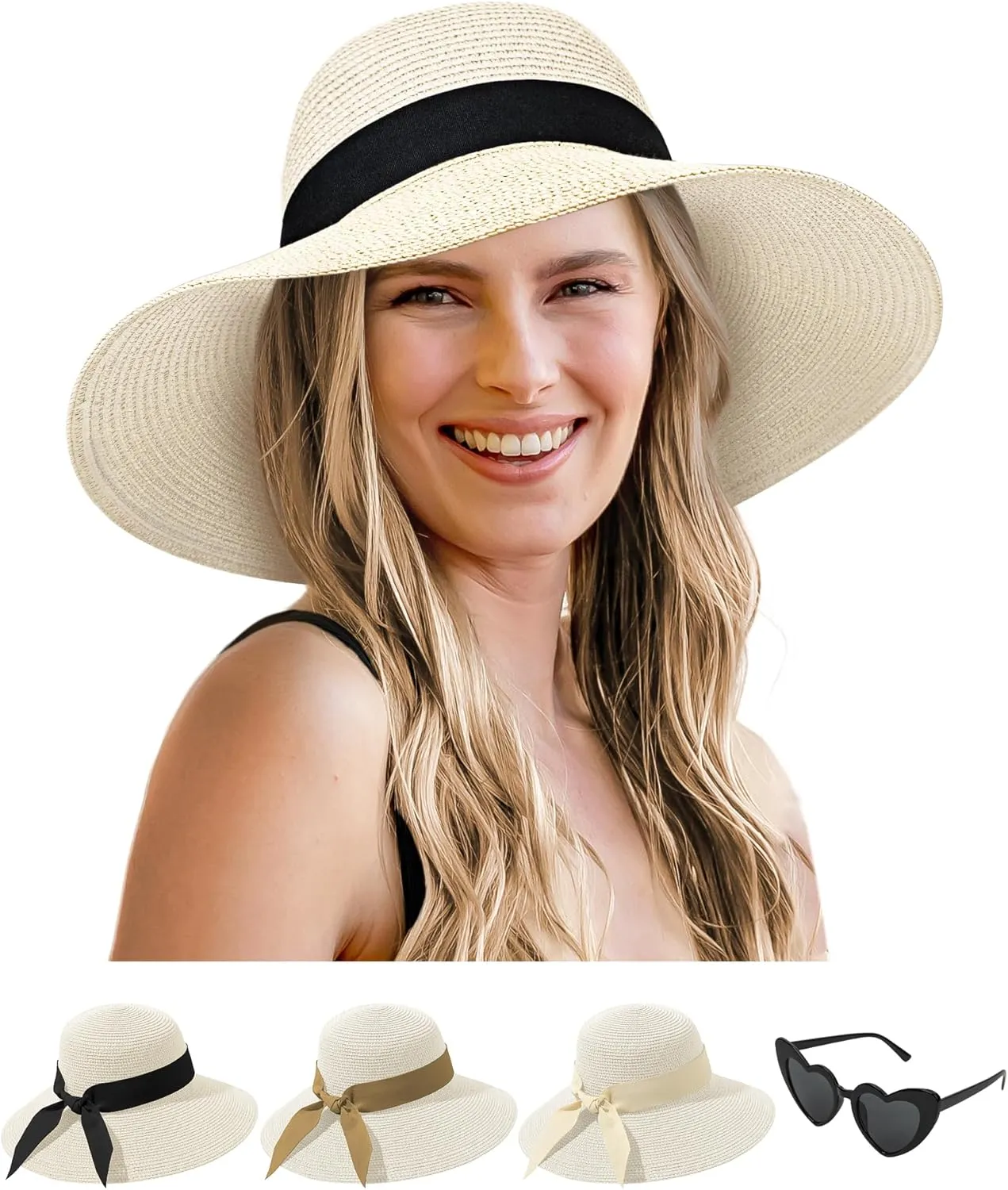 Sun Hats for Women - Oversize Large Straw Beach Hat for Summer Floppy Wide Brim Packable Foldable Roll Up UPF 50 