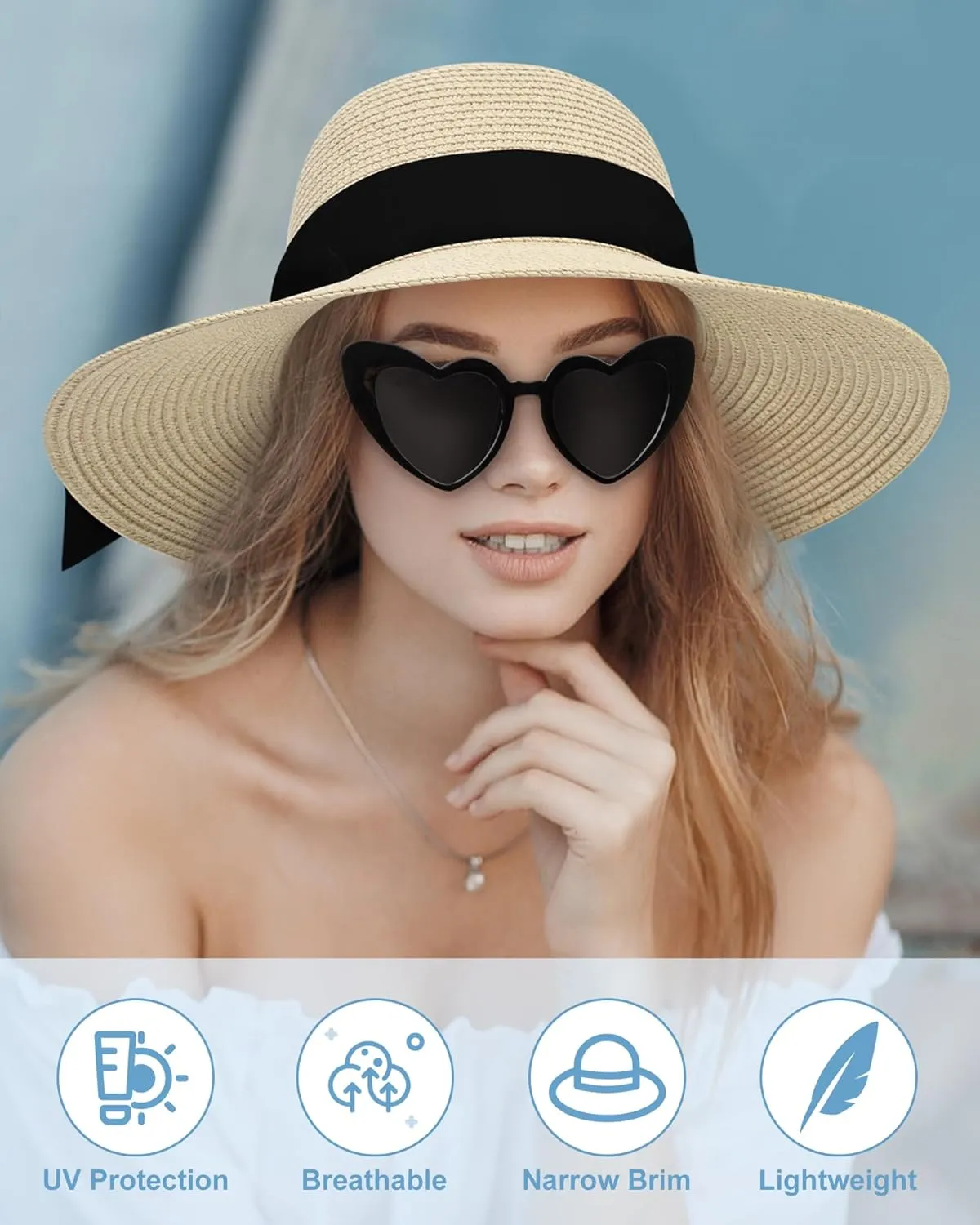 Sun Hats for Women - Oversize Large Straw Beach Hat for Summer Floppy Wide Brim Packable Foldable Roll Up UPF 50 