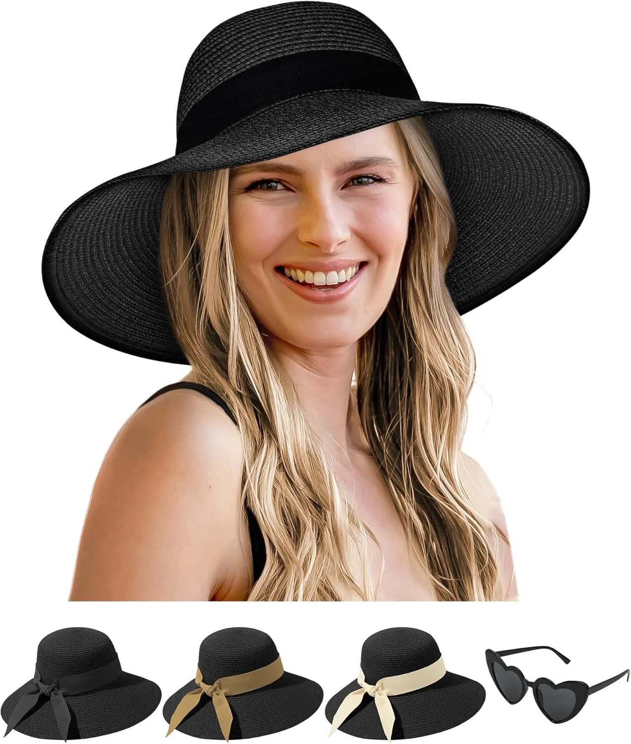 Sun Hats for Women - Oversize Large Straw Beach Hat for Summer Floppy Wide Brim Packable Foldable Roll Up UPF 50 