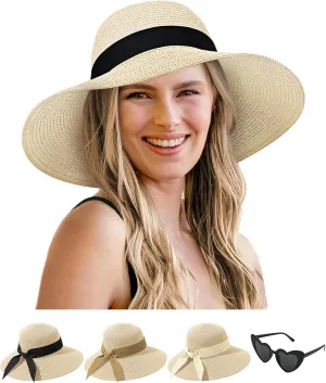 Sun Hats for Women - Oversize Large Straw Beach Hat for Summer Floppy Wide Brim Packable Foldable Roll Up UPF 50 