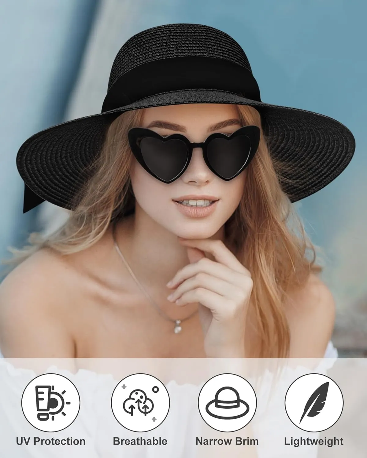 Sun Hats for Women - Oversize Large Straw Beach Hat for Summer Floppy Wide Brim Packable Foldable Roll Up UPF 50 