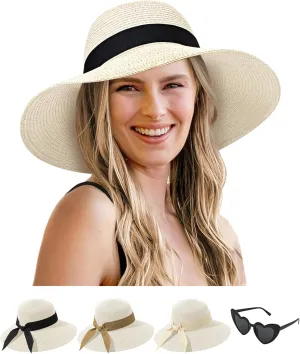 Sun Hats for Women - Oversize Large Straw Beach Hat for Summer Floppy Wide Brim Packable Foldable Roll Up UPF 50 