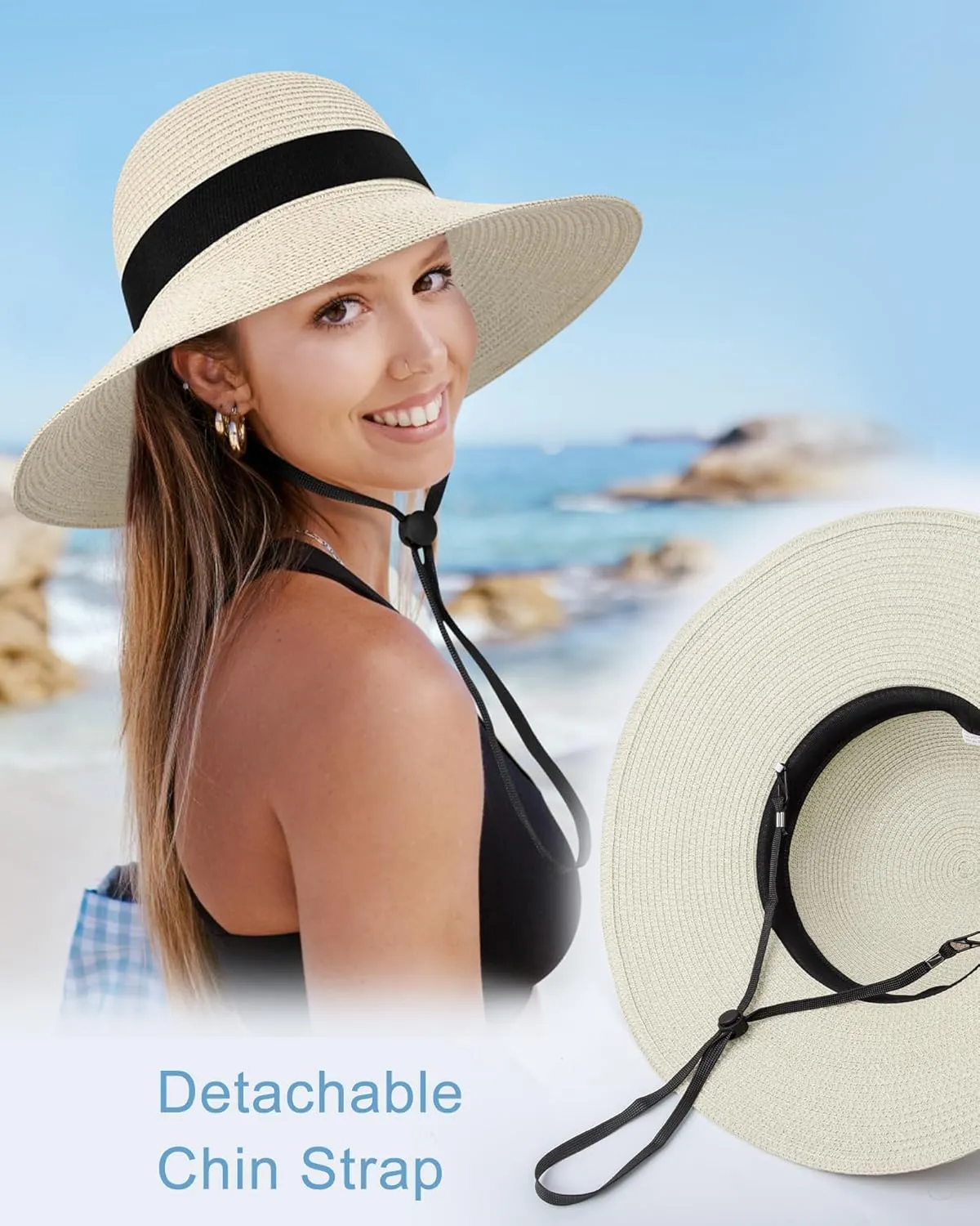 Sun Hats for Women - Oversize Large Straw Beach Hat for Summer Floppy Wide Brim Packable Foldable Roll Up UPF 50 