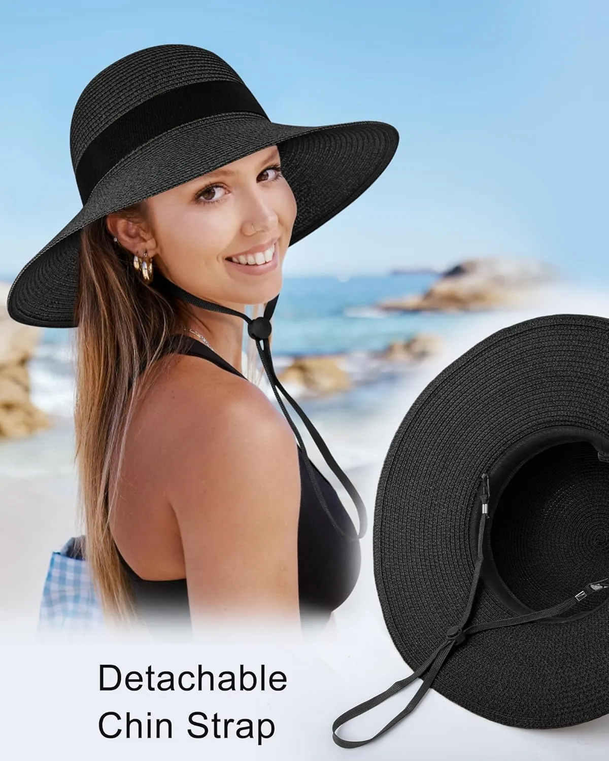 Sun Hats for Women - Oversize Large Straw Beach Hat for Summer Floppy Wide Brim Packable Foldable Roll Up UPF 50 
