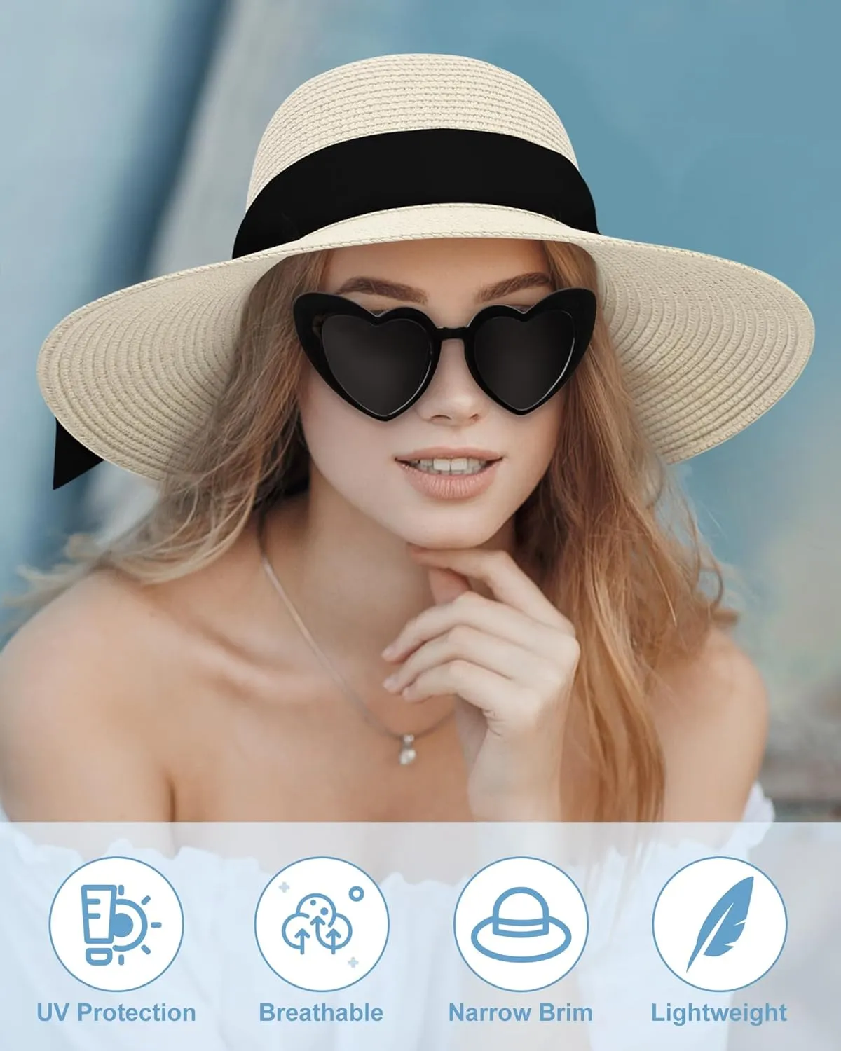 Sun Hats for Women - Oversize Large Straw Beach Hat for Summer Floppy Wide Brim Packable Foldable Roll Up UPF 50 