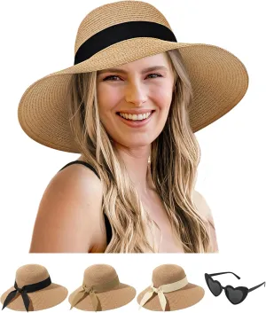Sun Hats for Women - Oversize Large Straw Beach Hat for Summer Floppy Wide Brim Packable Foldable Roll Up UPF 50 