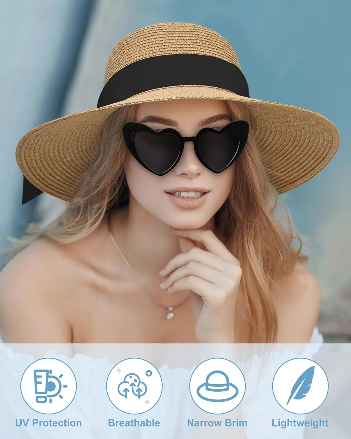 Sun Hats for Women - Oversize Large Straw Beach Hat for Summer Floppy Wide Brim Packable Foldable Roll Up UPF 50 