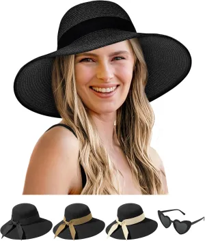 Sun Hats for Women - Oversize Large Straw Beach Hat for Summer Floppy Wide Brim Packable Foldable Roll Up UPF 50 