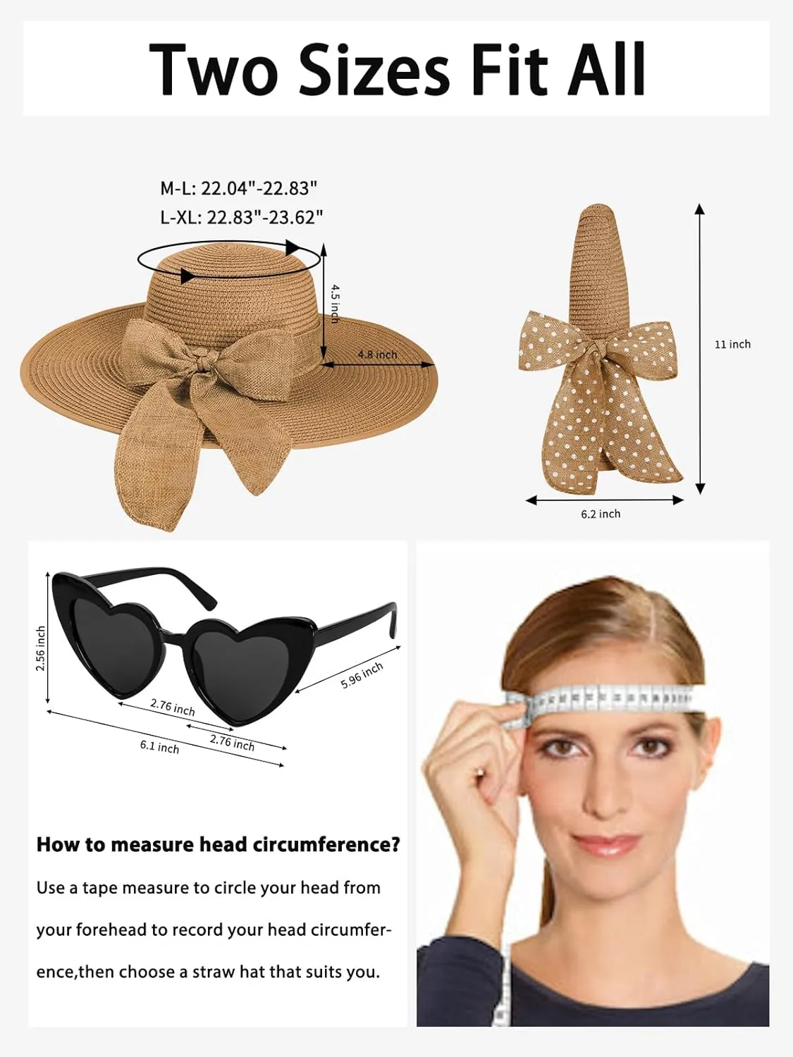 Sun Hats for Women, Wide Brim Floppy Beach Straw Hat for Summer Travel Vacation Foldable with Heart Shaped Sunglasses UPF 50 