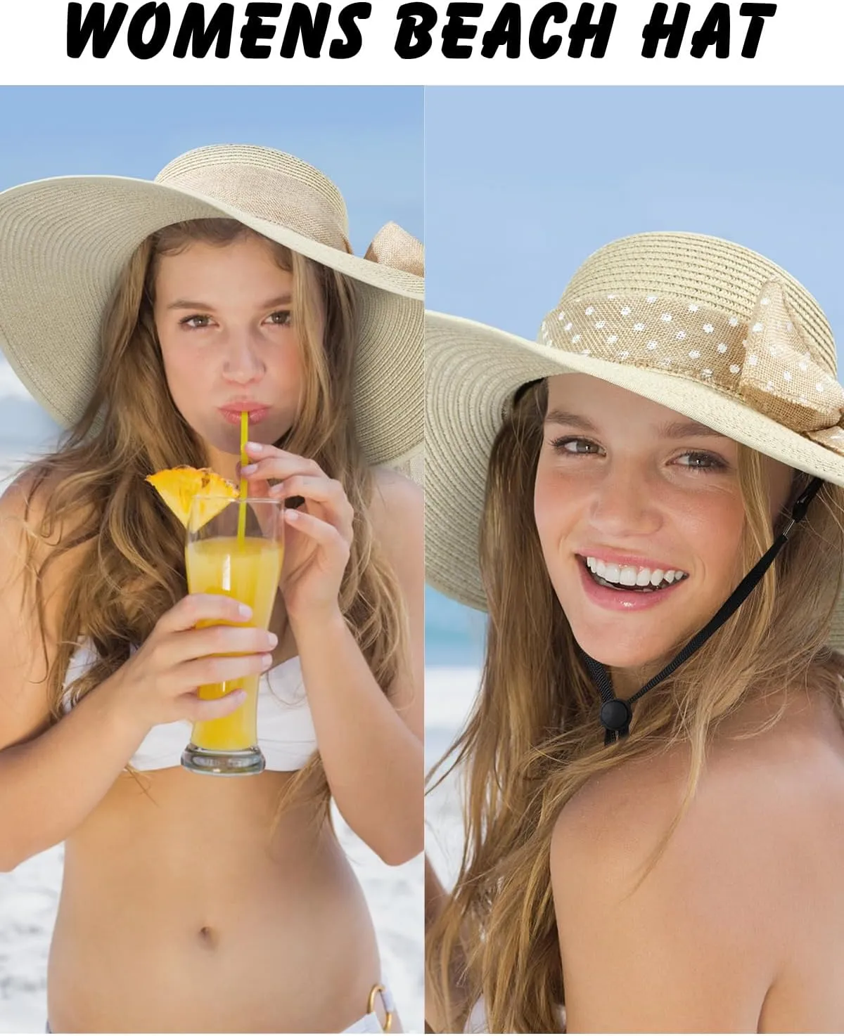 Sun Hats for Women, Wide Brim Floppy Beach Straw Hat for Summer Travel Vacation Foldable with Heart Shaped Sunglasses UPF 50 