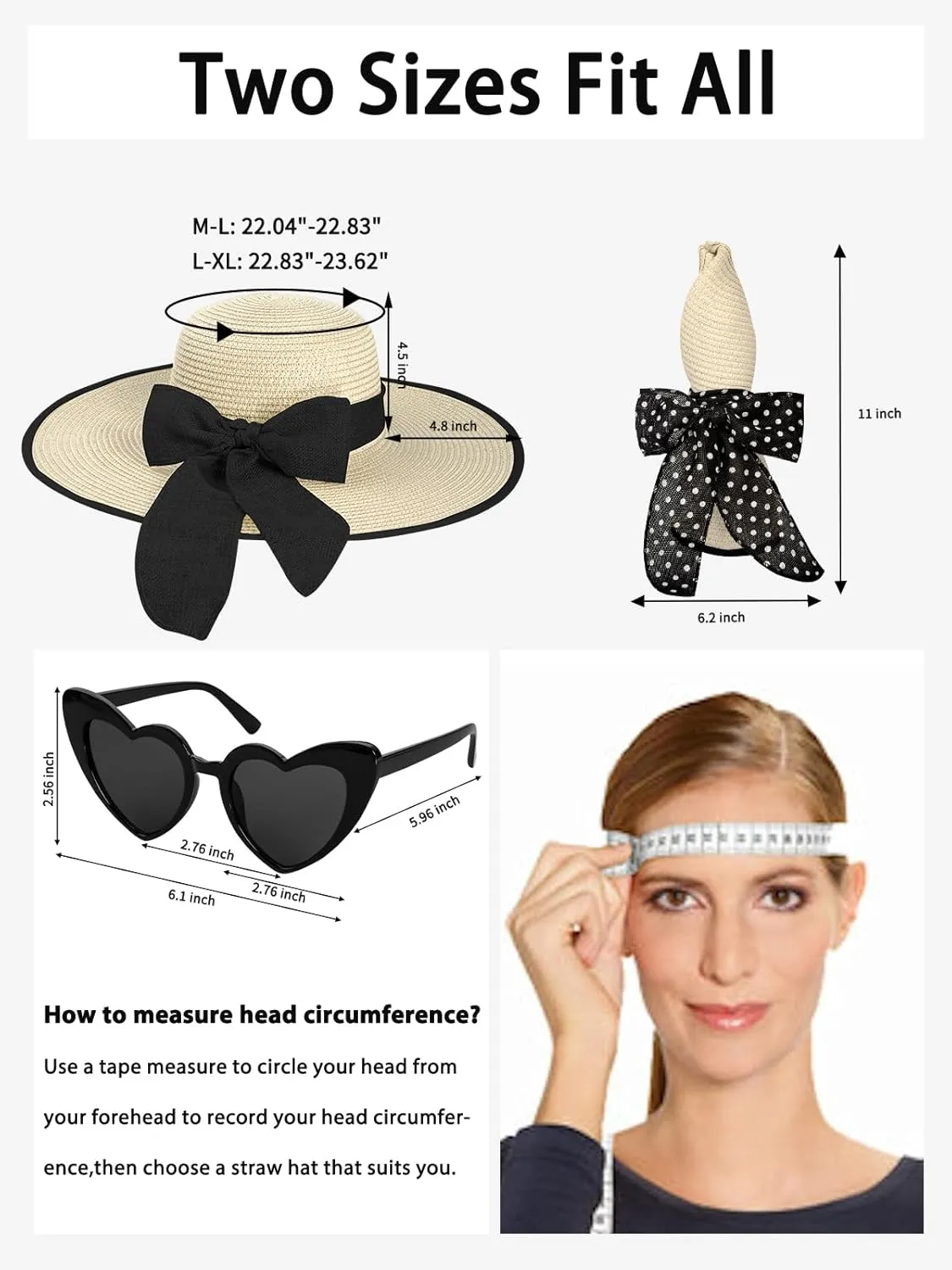 Sun Hats for Women, Wide Brim Floppy Beach Straw Hat for Summer Travel Vacation Foldable with Heart Shaped Sunglasses UPF 50 