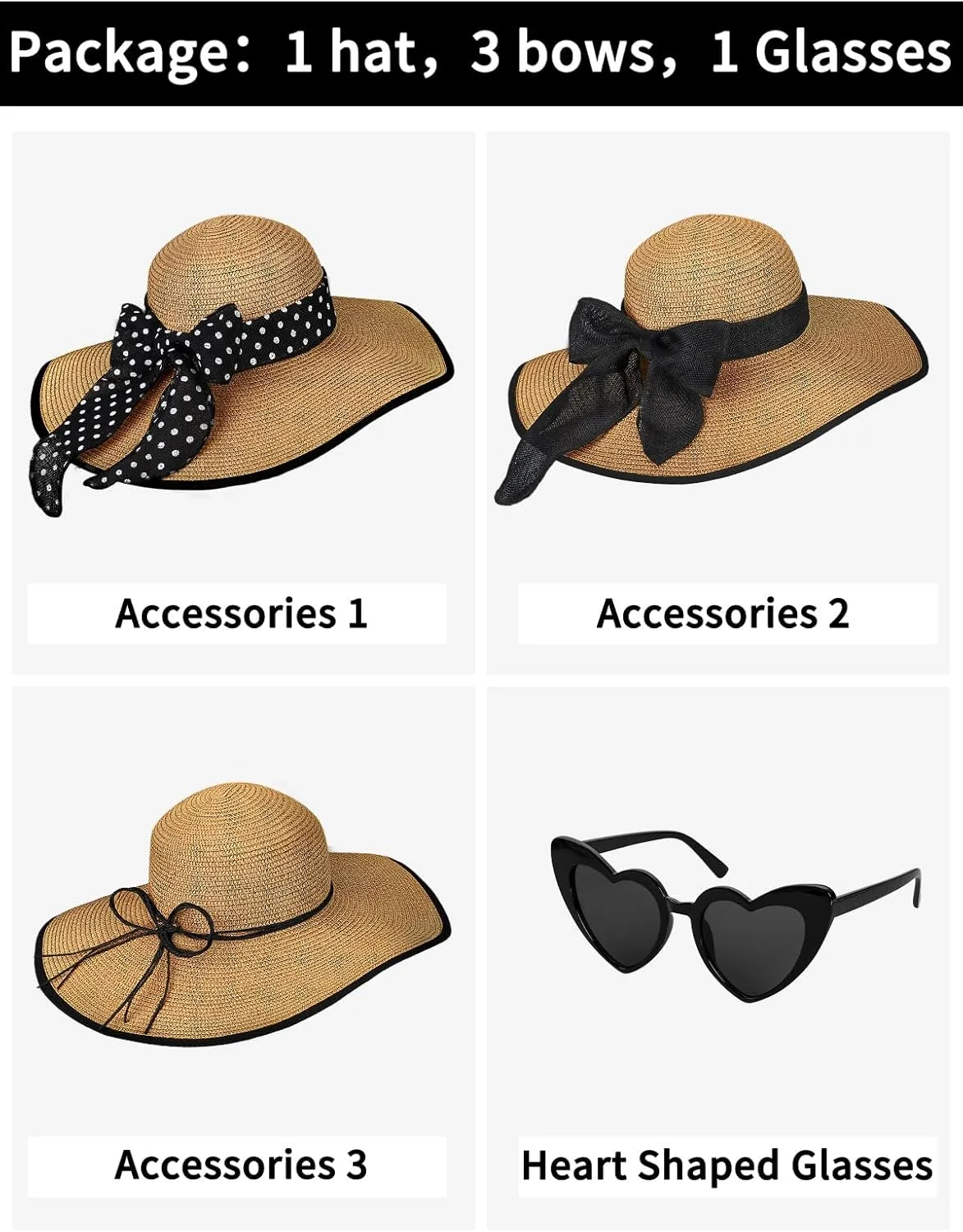 Sun Hats for Women, Wide Brim Floppy Beach Straw Hat for Summer Travel Vacation Foldable with Heart Shaped Sunglasses UPF 50 