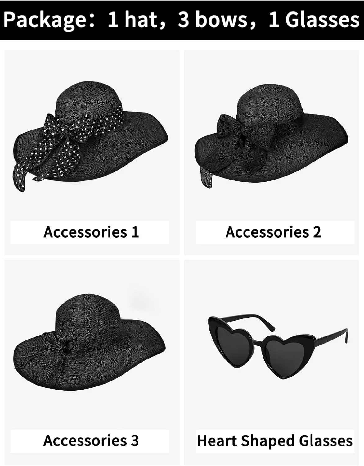 Sun Hats for Women, Wide Brim Floppy Beach Straw Hat for Summer Travel Vacation Foldable with Heart Shaped Sunglasses UPF 50 