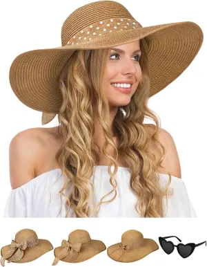 Sun Hats for Women, Wide Brim Floppy Beach Straw Hat for Summer Travel Vacation Foldable with Heart Shaped Sunglasses UPF 50 