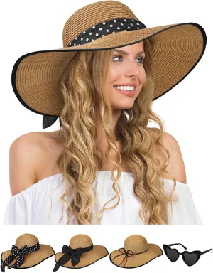 Sun Hats for Women, Wide Brim Floppy Beach Straw Hat for Summer Travel Vacation Foldable with Heart Shaped Sunglasses UPF 50 