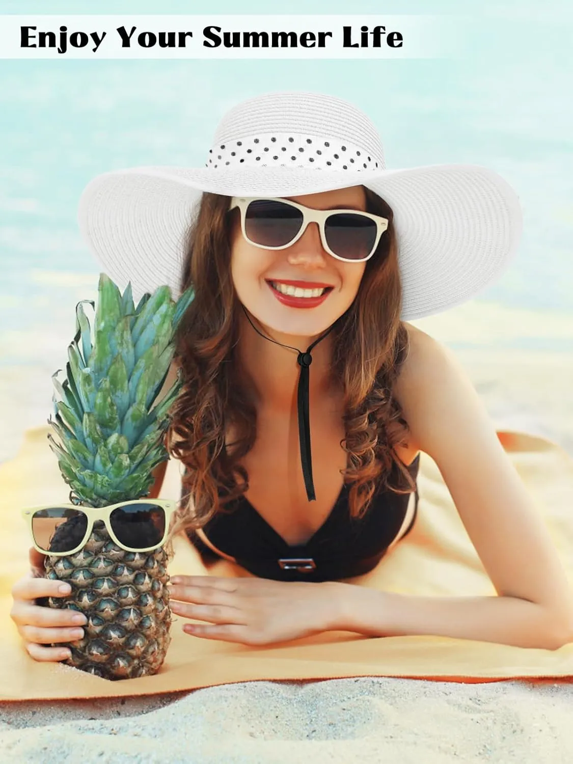 Sun Hats for Women, Wide Brim Floppy Beach Straw Hat for Summer Travel Vacation Foldable with Heart Shaped Sunglasses UPF 50 