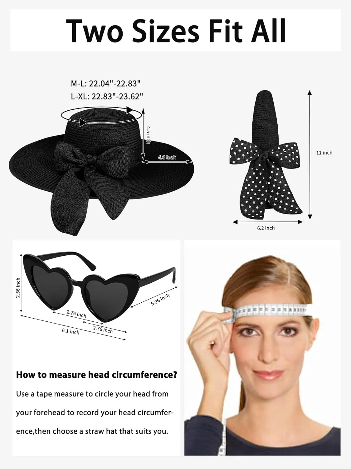 Sun Hats for Women, Wide Brim Floppy Beach Straw Hat for Summer Travel Vacation Foldable with Heart Shaped Sunglasses UPF 50 