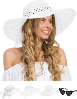 Sun Hats for Women, Wide Brim Floppy Beach Straw Hat for Summer Travel Vacation Foldable with Heart Shaped Sunglasses UPF 50 