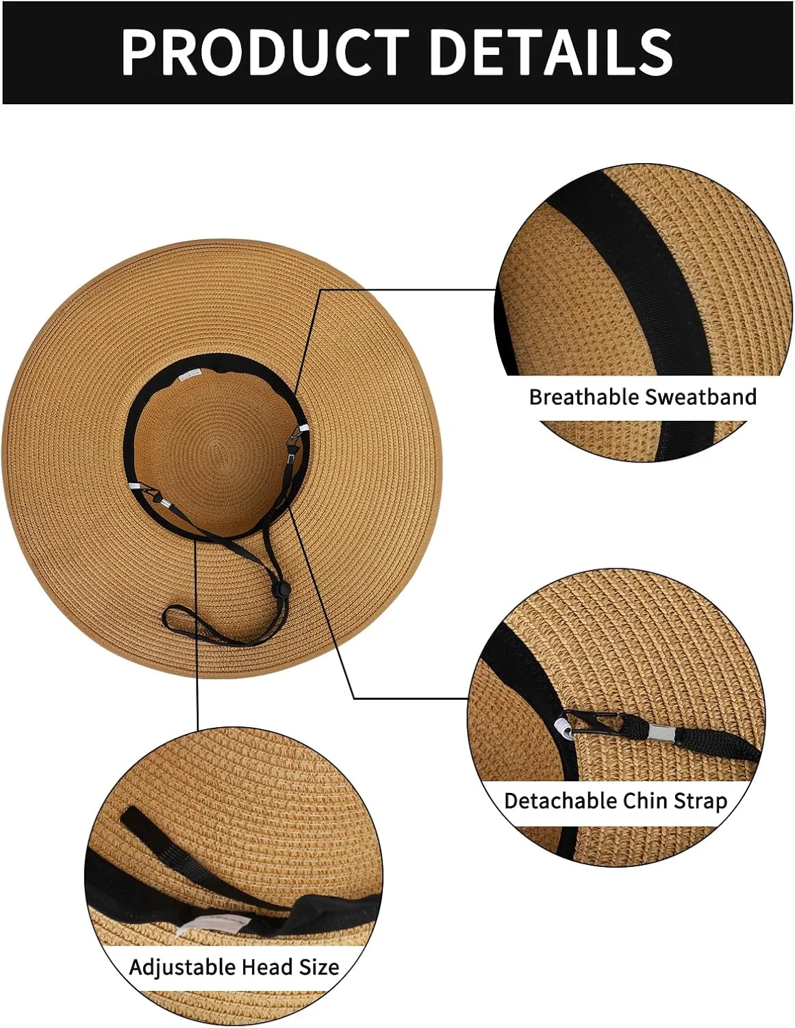 Sun Hats for Women, Wide Brim Floppy Beach Straw Hat for Summer Travel Vacation Foldable with Heart Shaped Sunglasses UPF 50 