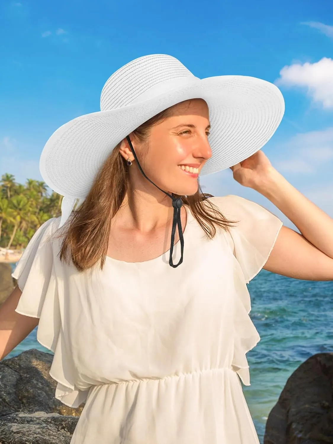 Sun Hats for Women, Wide Brim Floppy Beach Straw Hat for Summer Travel Vacation Foldable with Heart Shaped Sunglasses UPF 50 