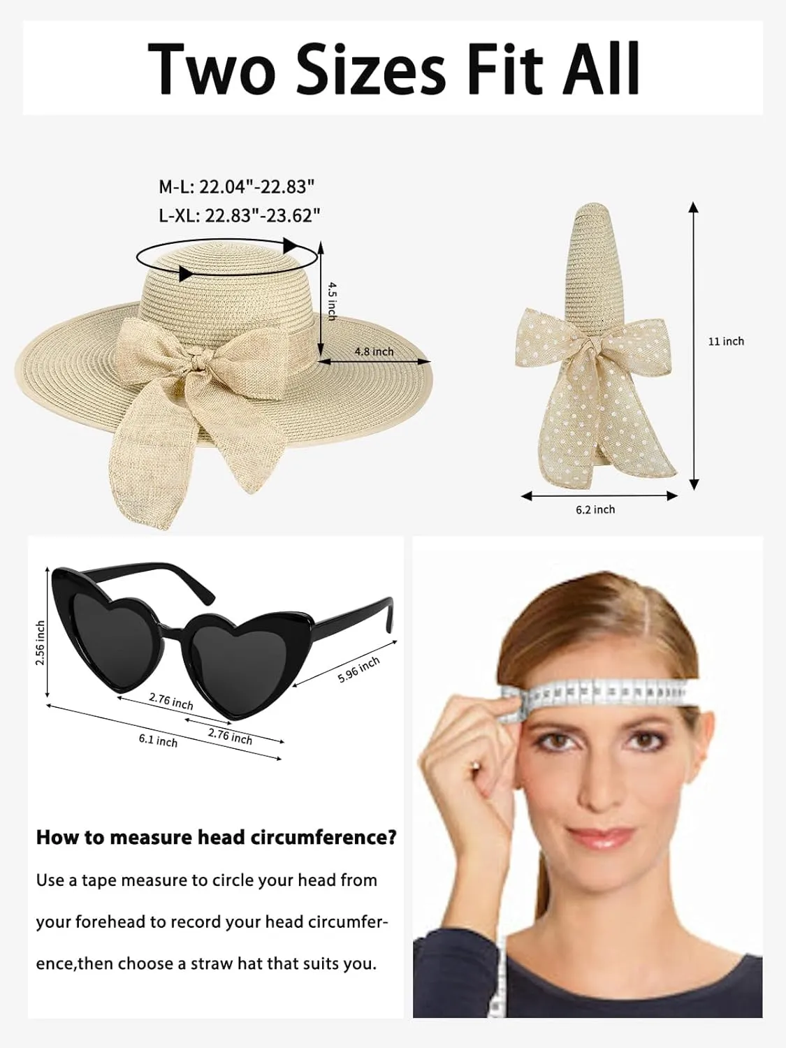 Sun Hats for Women, Wide Brim Floppy Beach Straw Hat for Summer Travel Vacation Foldable with Heart Shaped Sunglasses UPF 50 