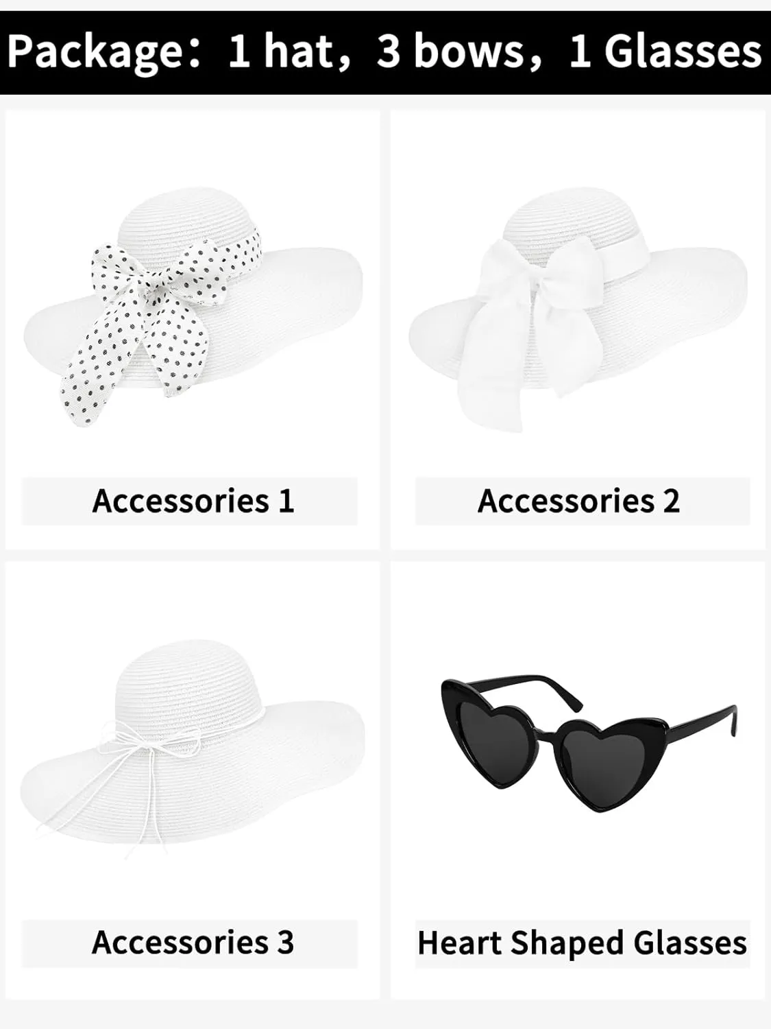 Sun Hats for Women, Wide Brim Floppy Beach Straw Hat for Summer Travel Vacation Foldable with Heart Shaped Sunglasses UPF 50 