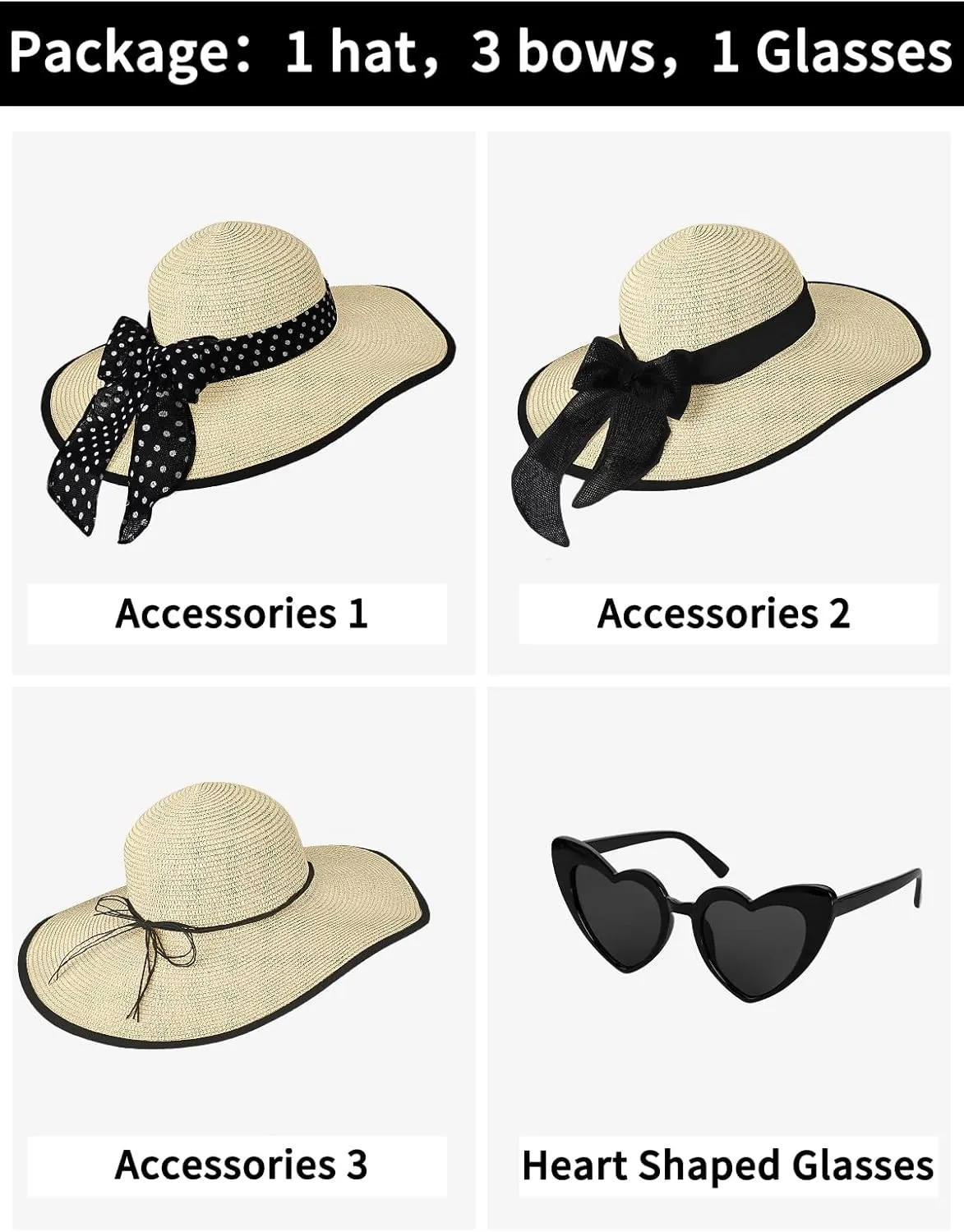 Sun Hats for Women, Wide Brim Floppy Beach Straw Hat for Summer Travel Vacation Foldable with Heart Shaped Sunglasses UPF 50 