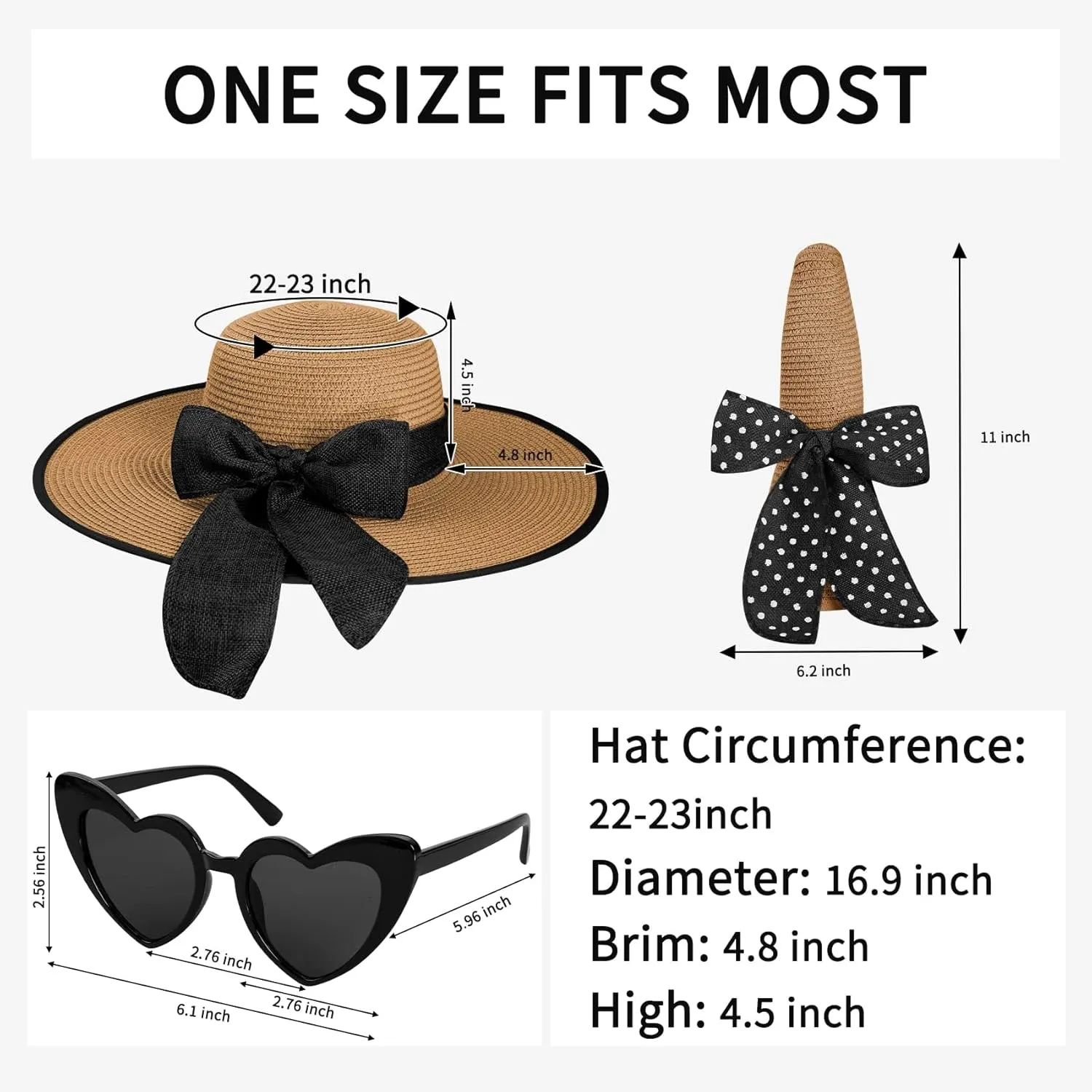 Sun Hats for Women, Wide Brim Floppy Beach Straw Hat for Summer Travel Vacation Foldable with Heart Shaped Sunglasses UPF 50 