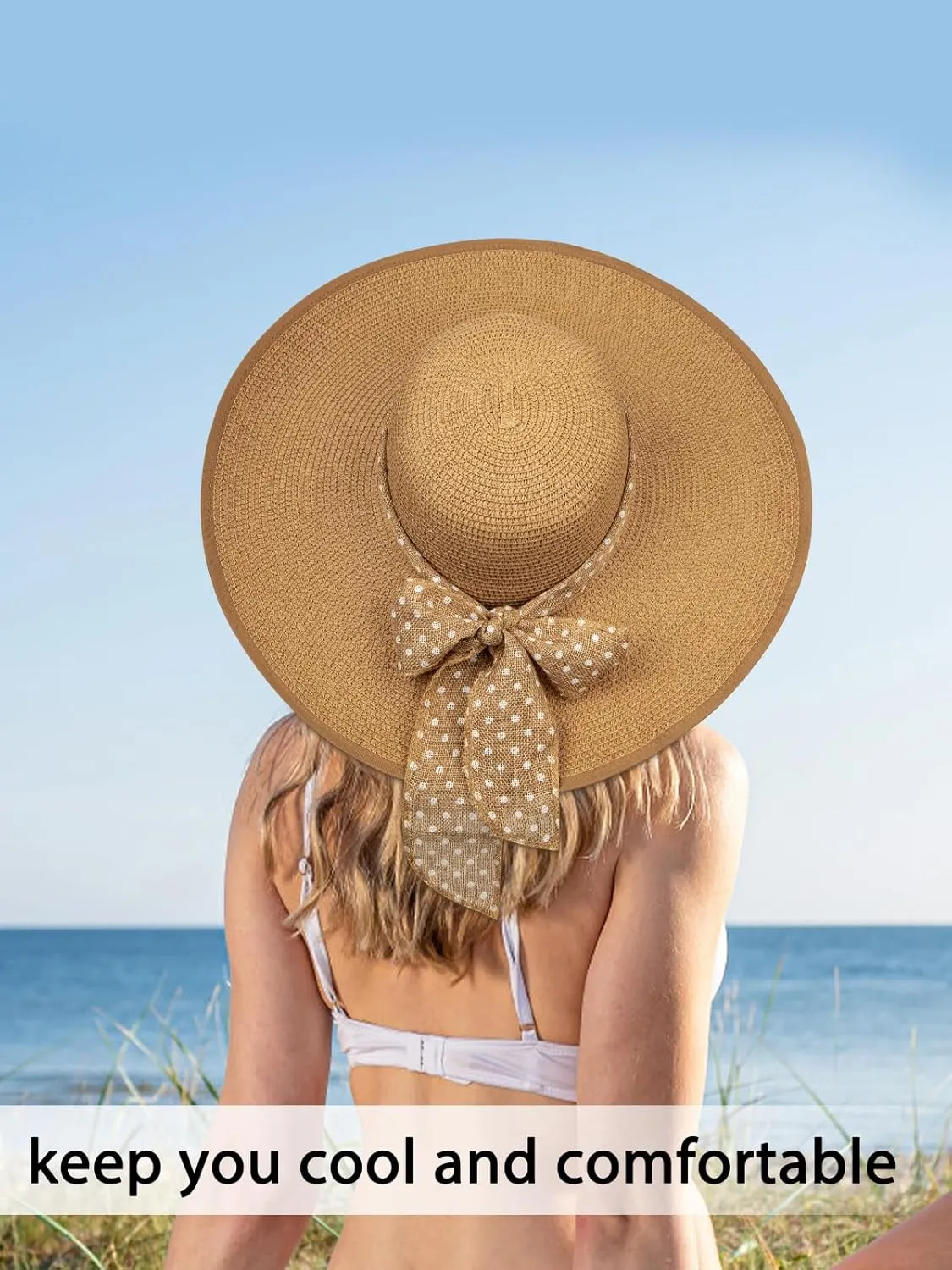 Sun Hats for Women, Wide Brim Floppy Beach Straw Hat for Summer Travel Vacation Foldable with Heart Shaped Sunglasses UPF 50 