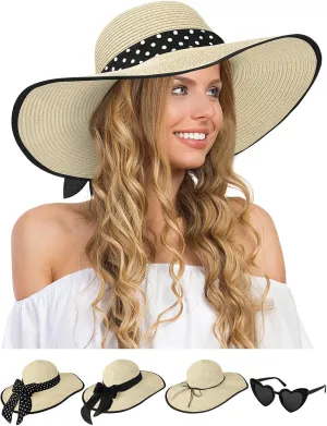 Sun Hats for Women, Wide Brim Floppy Beach Straw Hat for Summer Travel Vacation Foldable with Heart Shaped Sunglasses UPF 50 