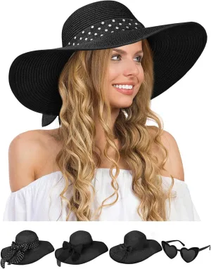 Sun Hats for Women, Wide Brim Floppy Beach Straw Hat for Summer Travel Vacation Foldable with Heart Shaped Sunglasses UPF 50 