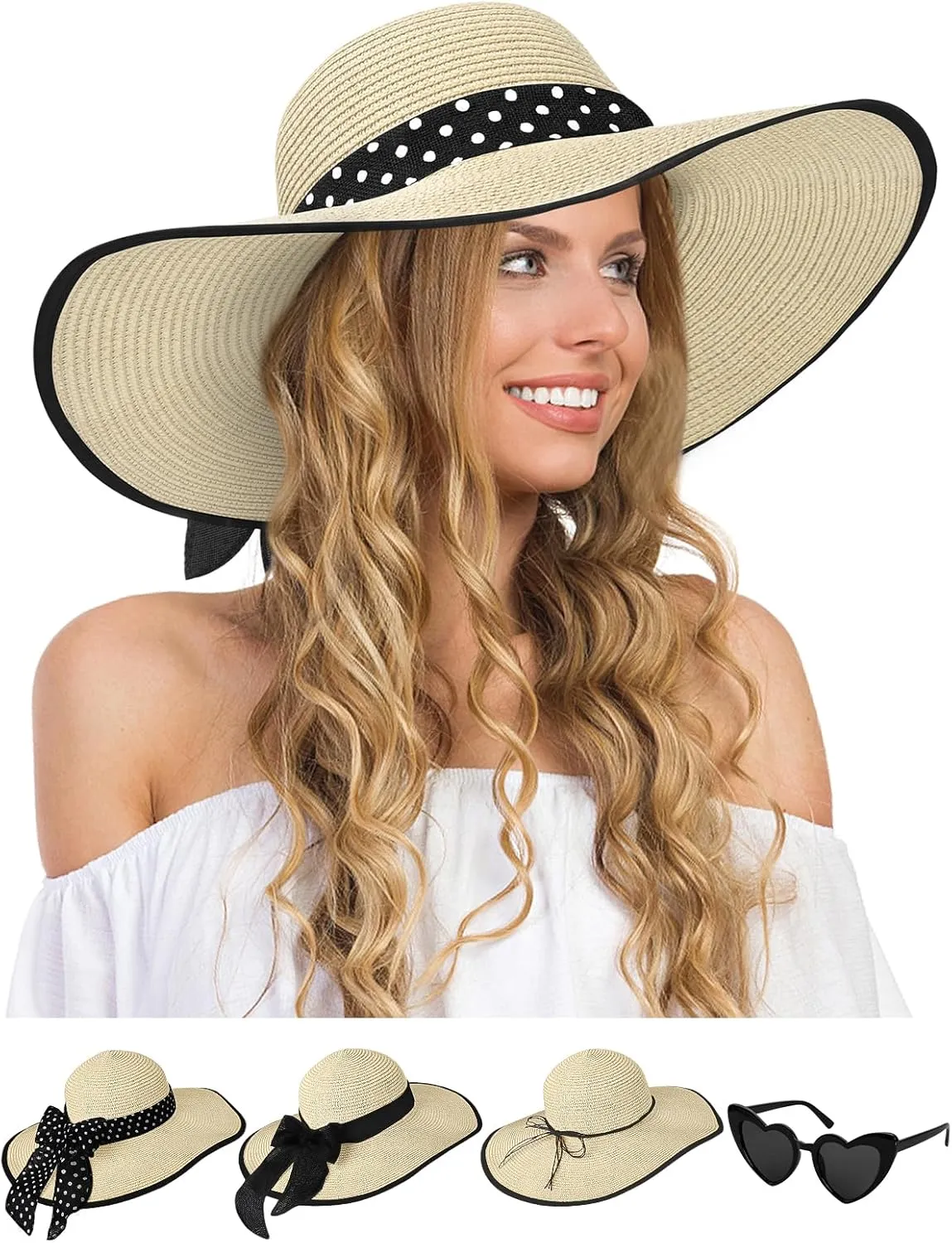 Sun Hats for Women, Wide Brim Floppy Beach Straw Hat for Summer Travel Vacation Foldable with Heart Shaped Sunglasses UPF 50 