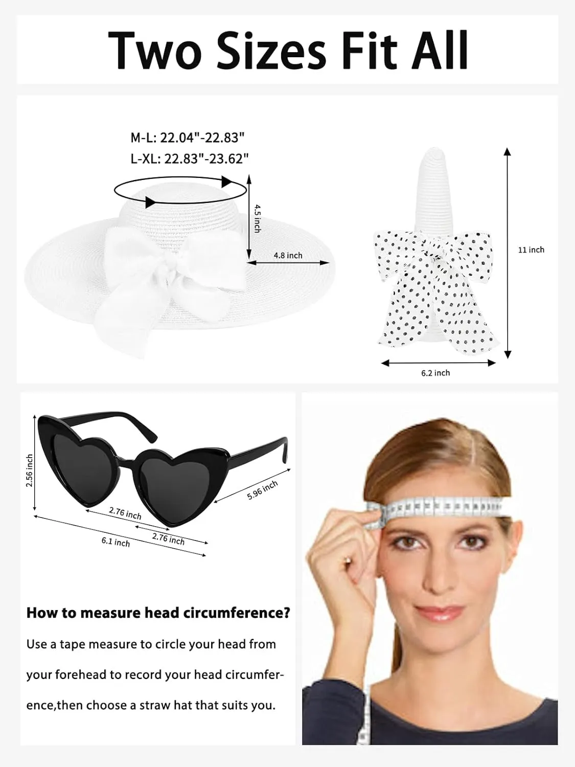 Sun Hats for Women, Wide Brim Floppy Beach Straw Hat for Summer Travel Vacation Foldable with Heart Shaped Sunglasses UPF 50 