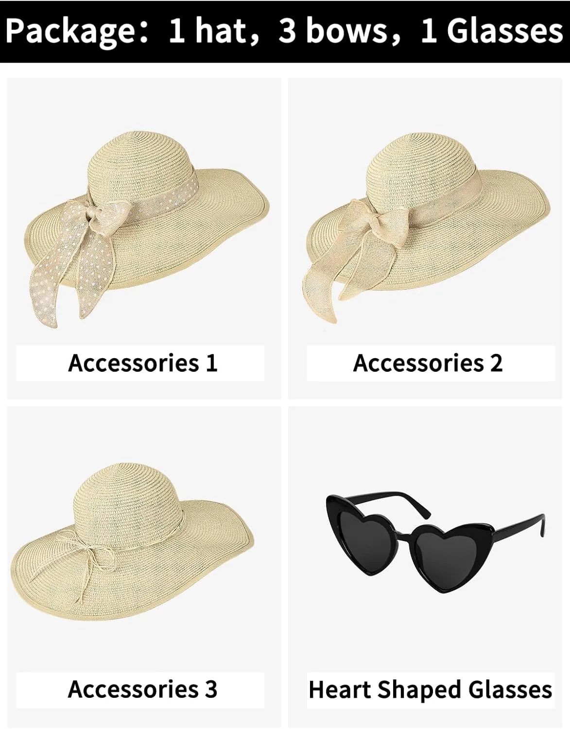 Sun Hats for Women, Wide Brim Floppy Beach Straw Hat for Summer Travel Vacation Foldable with Heart Shaped Sunglasses UPF 50 