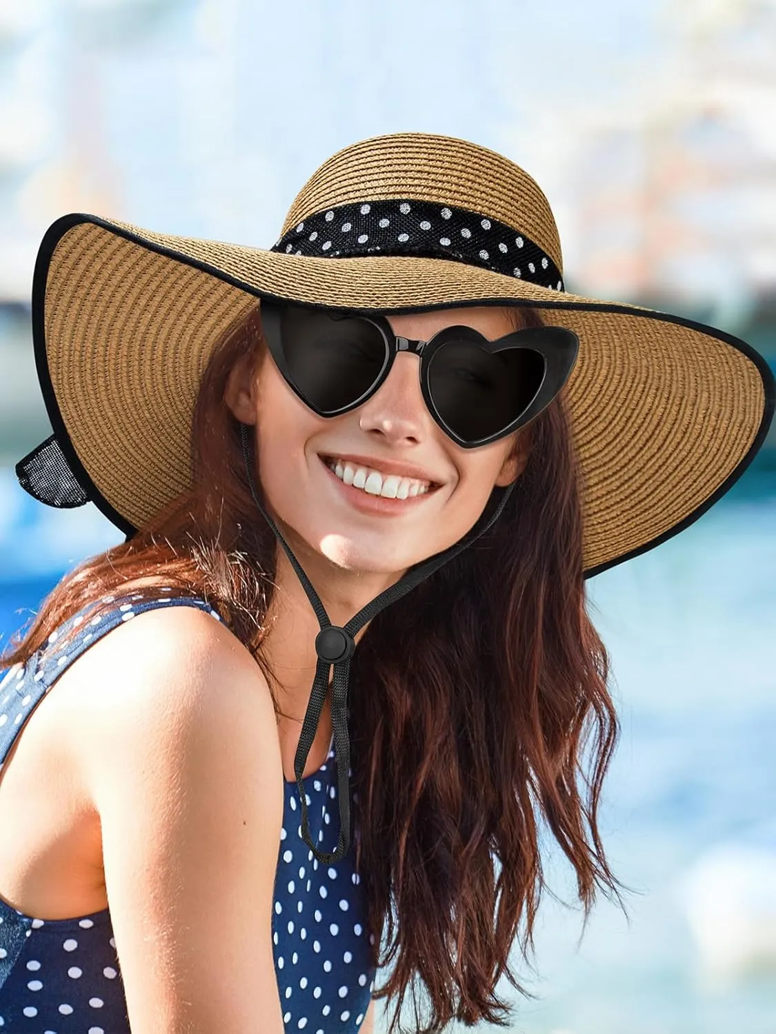 Sun Hats for Women, Wide Brim Floppy Beach Straw Hat for Summer Travel Vacation Foldable with Heart Shaped Sunglasses UPF 50 
