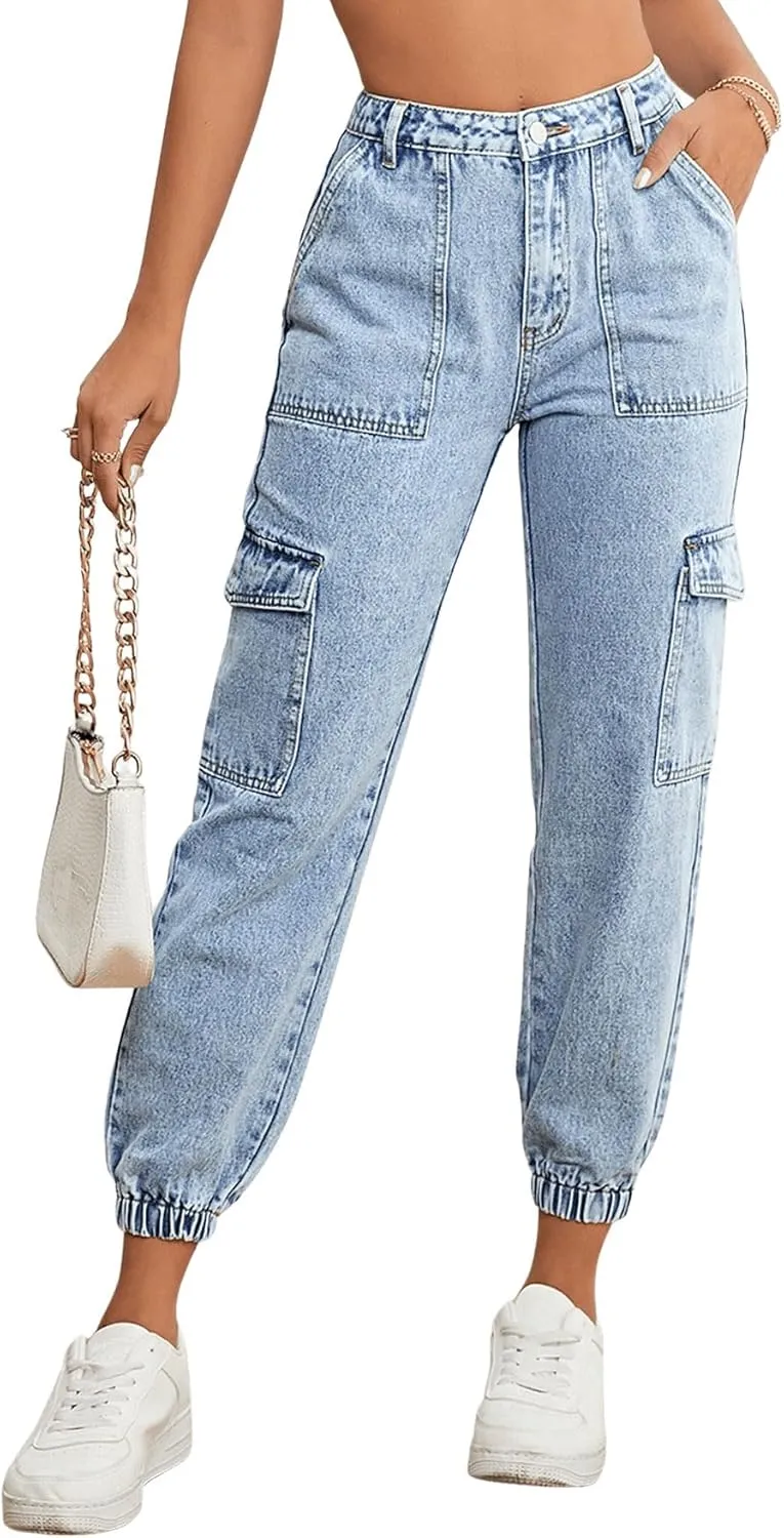 SweatyRocks Women's Casual High Rise Jogger Jeans Vintage Washed Mom Jeans Denim Pants