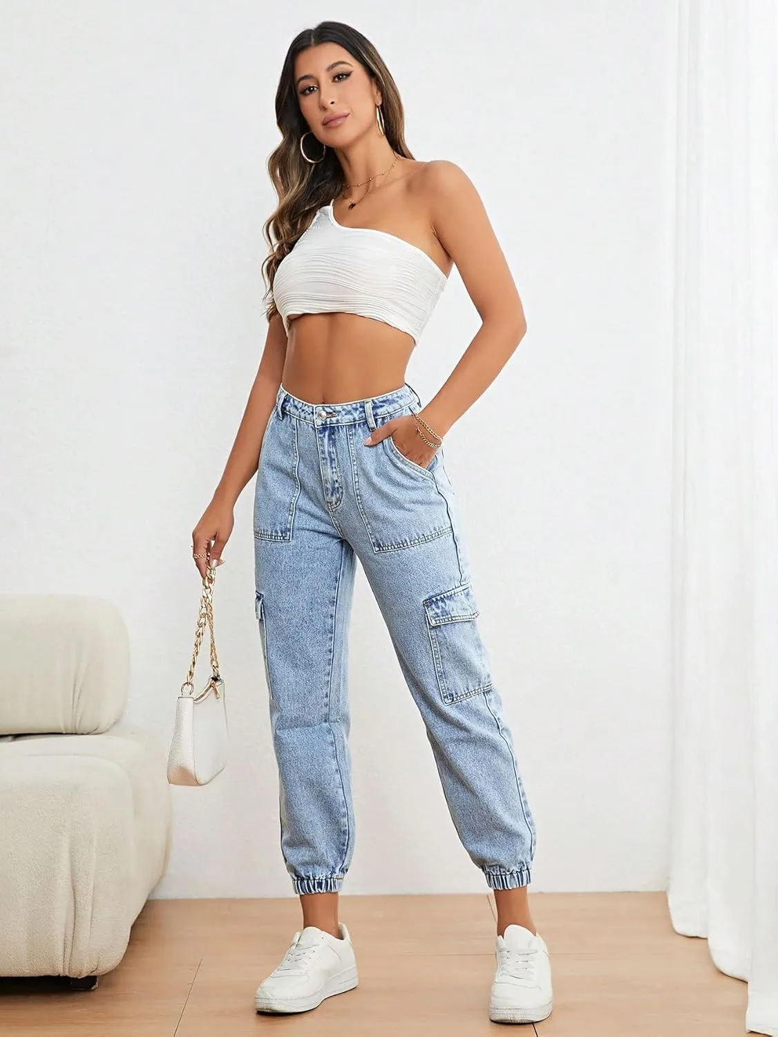 SweatyRocks Women's Casual High Rise Jogger Jeans Vintage Washed Mom Jeans Denim Pants