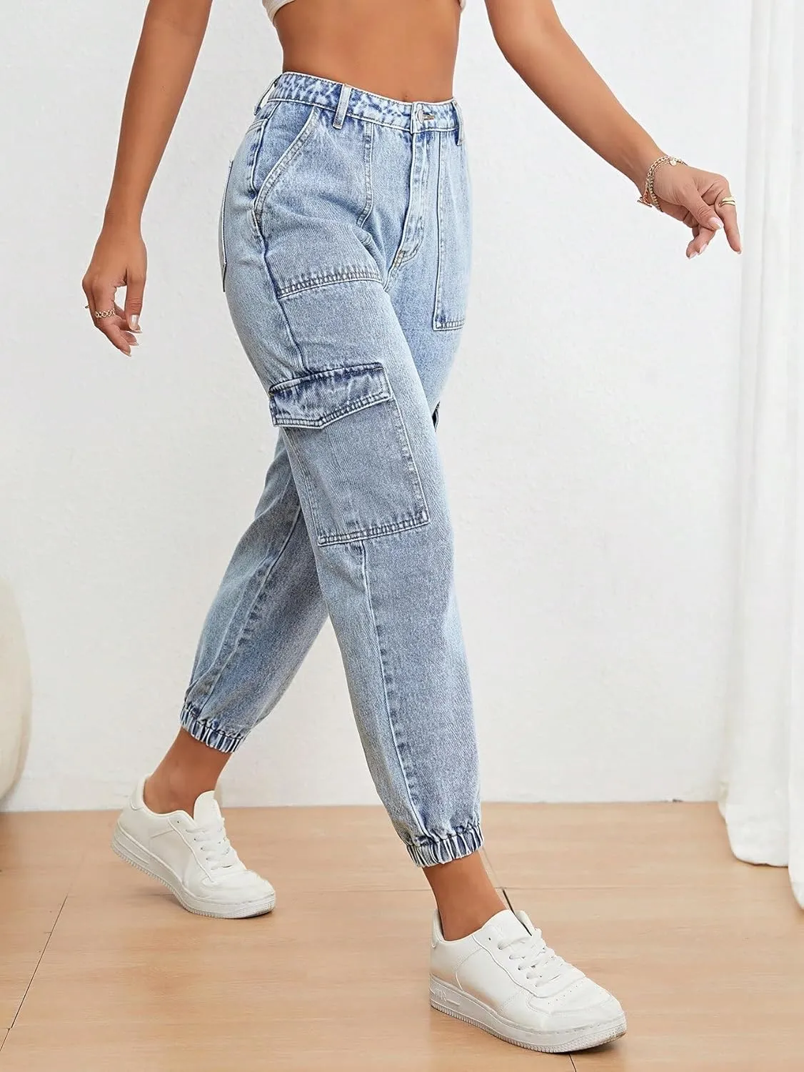 SweatyRocks Women's Casual High Rise Jogger Jeans Vintage Washed Mom Jeans Denim Pants
