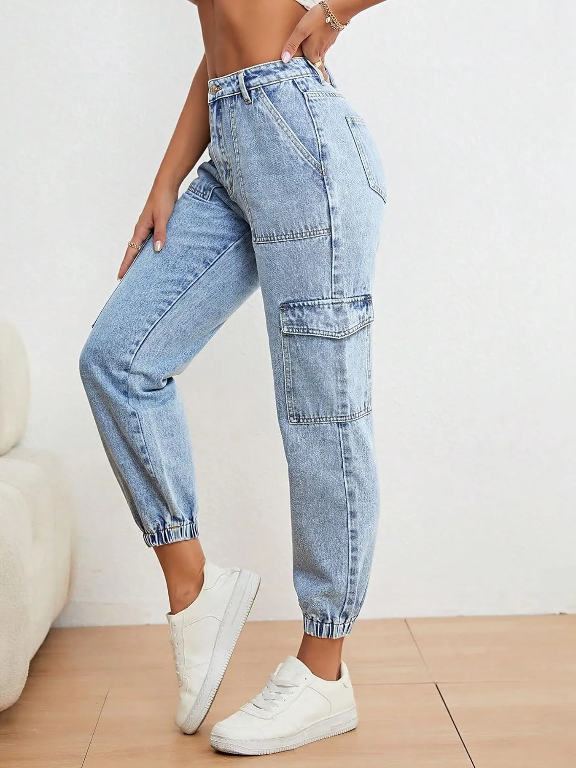 SweatyRocks Women's Casual High Rise Jogger Jeans Vintage Washed Mom Jeans Denim Pants
