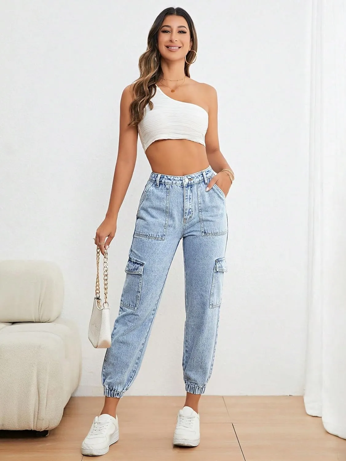 SweatyRocks Women's Casual High Rise Jogger Jeans Vintage Washed Mom Jeans Denim Pants