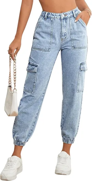 SweatyRocks Women's Casual High Rise Jogger Jeans Vintage Washed Mom Jeans Denim Pants