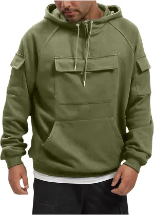 Tactical Hoodies For Men 1/4 Zip Sweatshirt Sweater Vintage Workout Pullover Casual Loose Cargo Multipocket Shirt Top