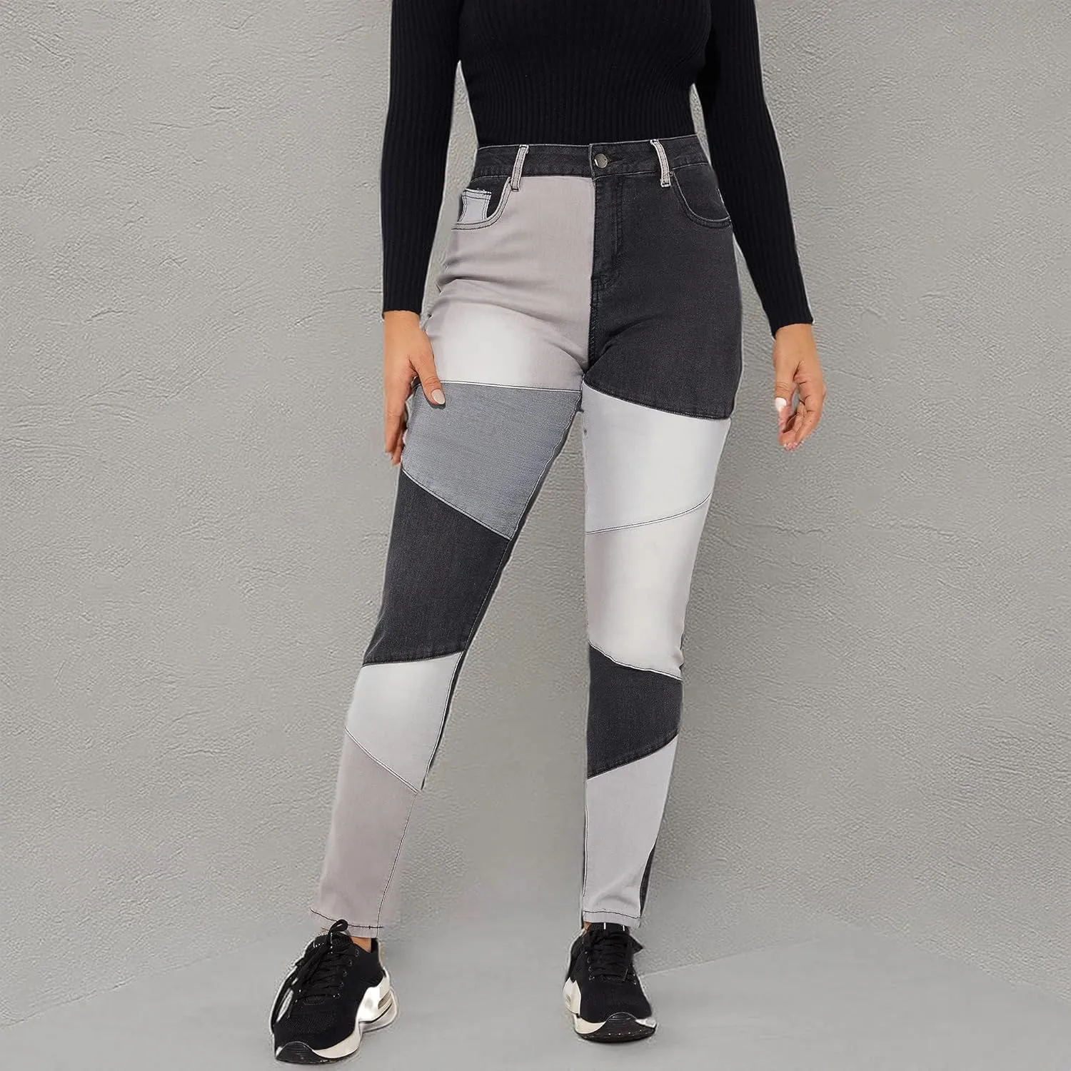 THUNDER STAR Women High Waist Patchwork Jeans Stretchy Denim Pants