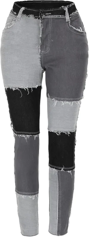 THUNDER STAR Women High Waist Patchwork Jeans Stretchy Denim Pants