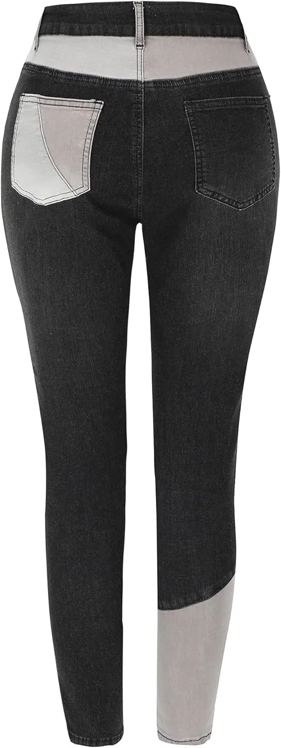 THUNDER STAR Women High Waist Patchwork Jeans Stretchy Denim Pants