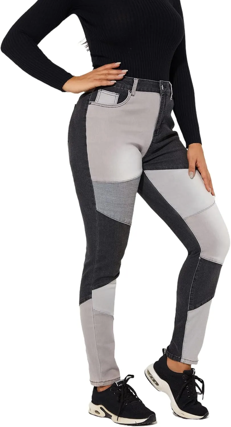 THUNDER STAR Women High Waist Patchwork Jeans Stretchy Denim Pants