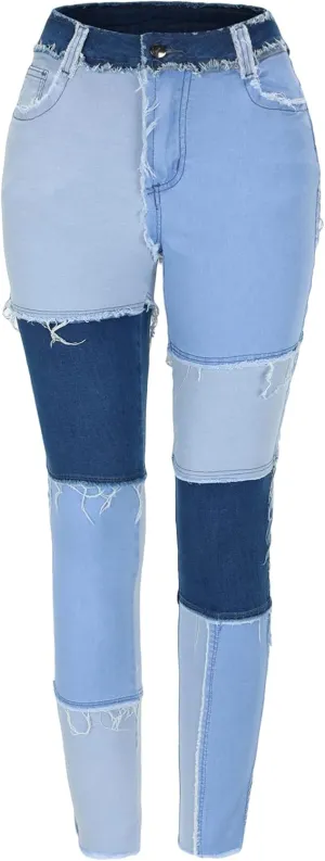 THUNDER STAR Women High Waist Patchwork Jeans Stretchy Denim Pants